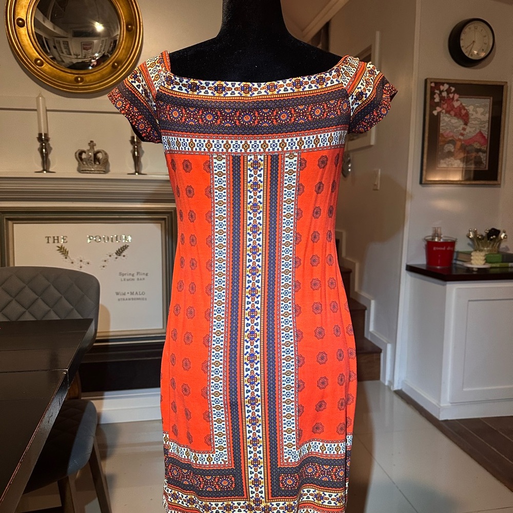 Gianni Bini off shoulder Red-Orange Patterned Dress